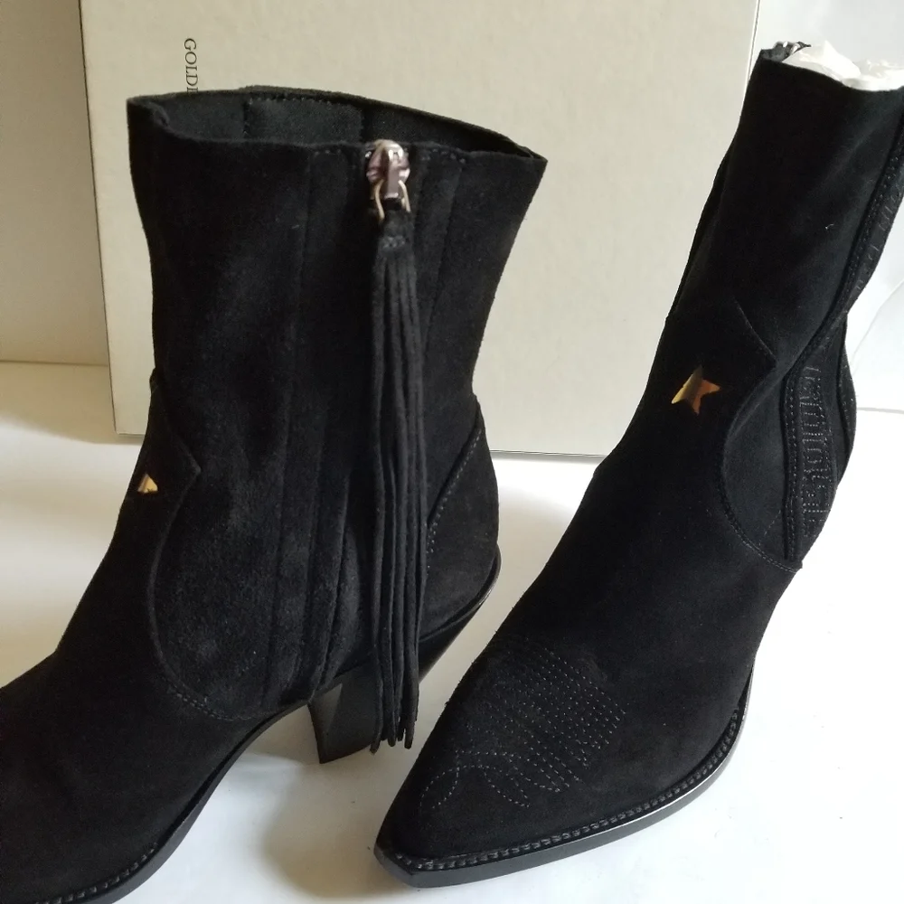 Golden Goose Suede Leather Fringe Limited Handmade Cowboy Boots Black Si… - Picture 6 of 11